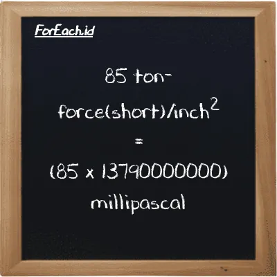 How to convert ton-force(short)/inch<sup>2</sup> to millipascal: 85 ton-force(short)/inch<sup>2</sup> (tf/in<sup>2</sup>) is equivalent to 85 times 13790000000 millipascal (mPa)